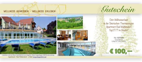 Gutscheine fuer Ihre Familie und Freunde: gerne sende ich Ihnen Ihren persoenlichen " Wellnessgutschein" fuer Ihren Aufenthalt in unserer Ferienhausmaisonette Top 27/7 bei uns im Biodorf, zu. Gueltigkeit: 3 Jahre ab Ausstellung.